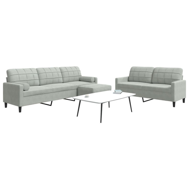 sofasæt 3 dele med hynder og bolsterpuder velour lysegrå