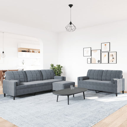sofasæt 3 dele med hynder og bolsterpuder velour mørkegrå