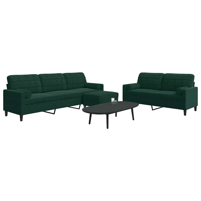 sofasæt 3 dele med hynder og bolsterpuder velour mørkegrøn