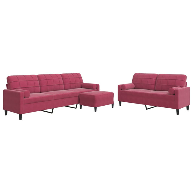 sofasæt 2 dele med hynder og bolsterpuder velour vinrød