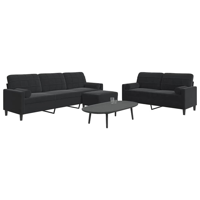 sofasæt 3 dele med hynder og bolsterpuder velour sort