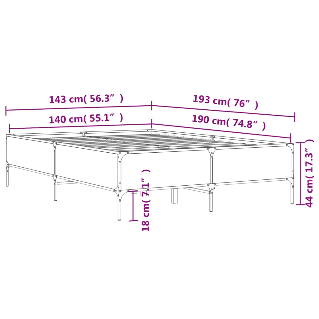 sengestel 140x190 cm konstrueret træ og metal grå sonoma-eg