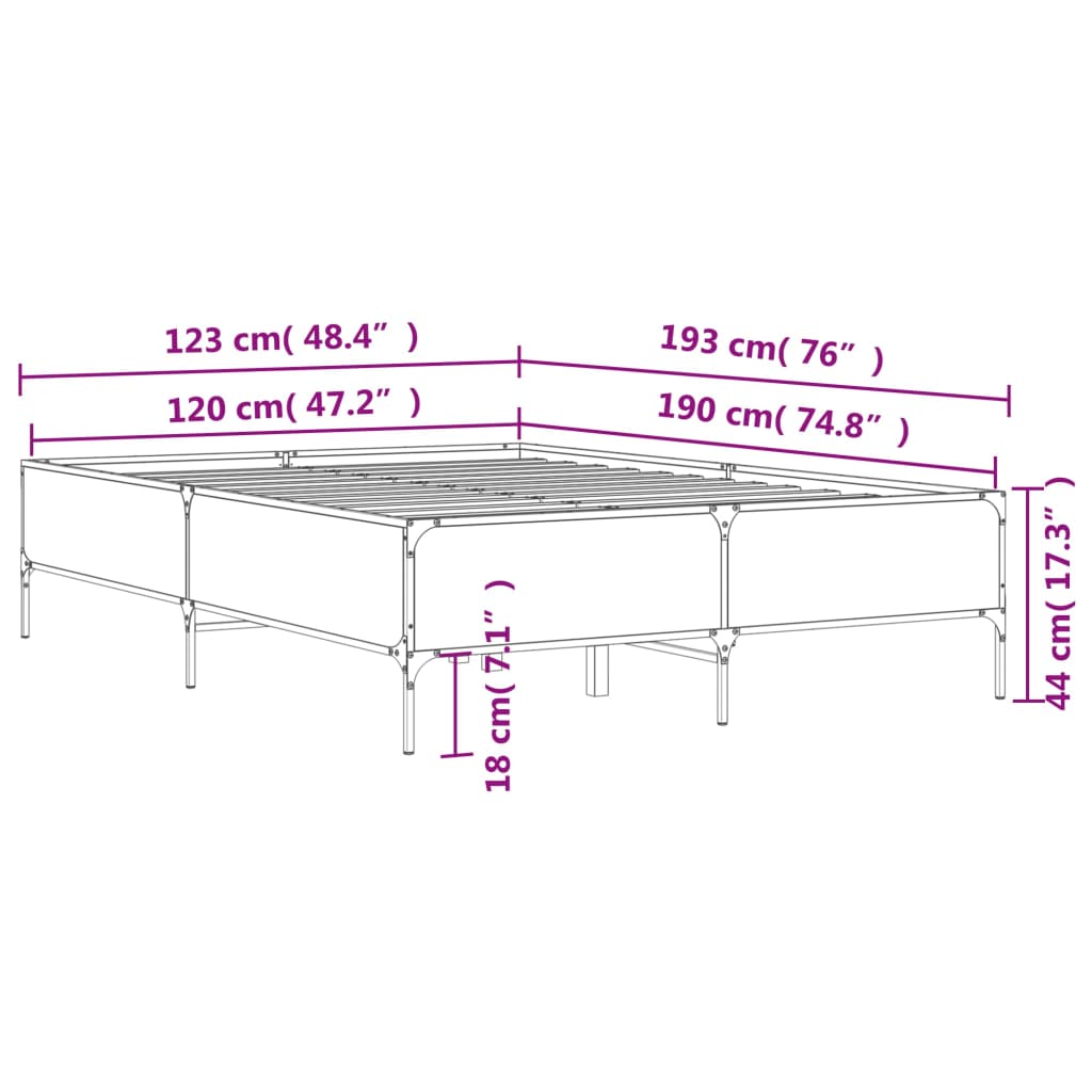 sengestel 120x190 cm konstrueret træ og metal grå sonoma-eg