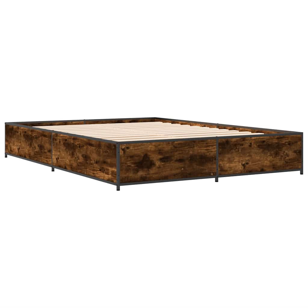 sengestel 135x190cm konstrueret træ og metal røget egetræsfarve