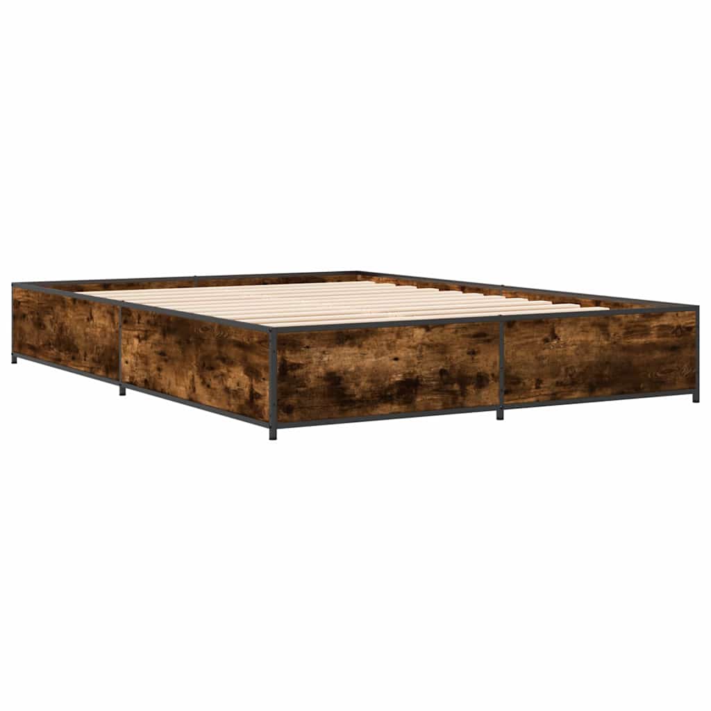 sengestel 135x190cm konstrueret træ og metal røget egetræsfarve