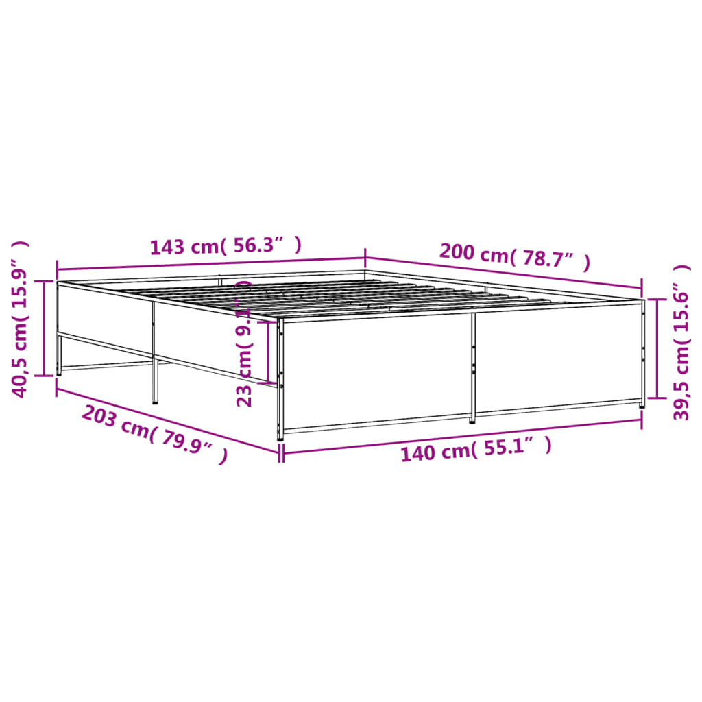 sengestel 140x200 cm konstrueret træ og metal grå sonoma-eg
