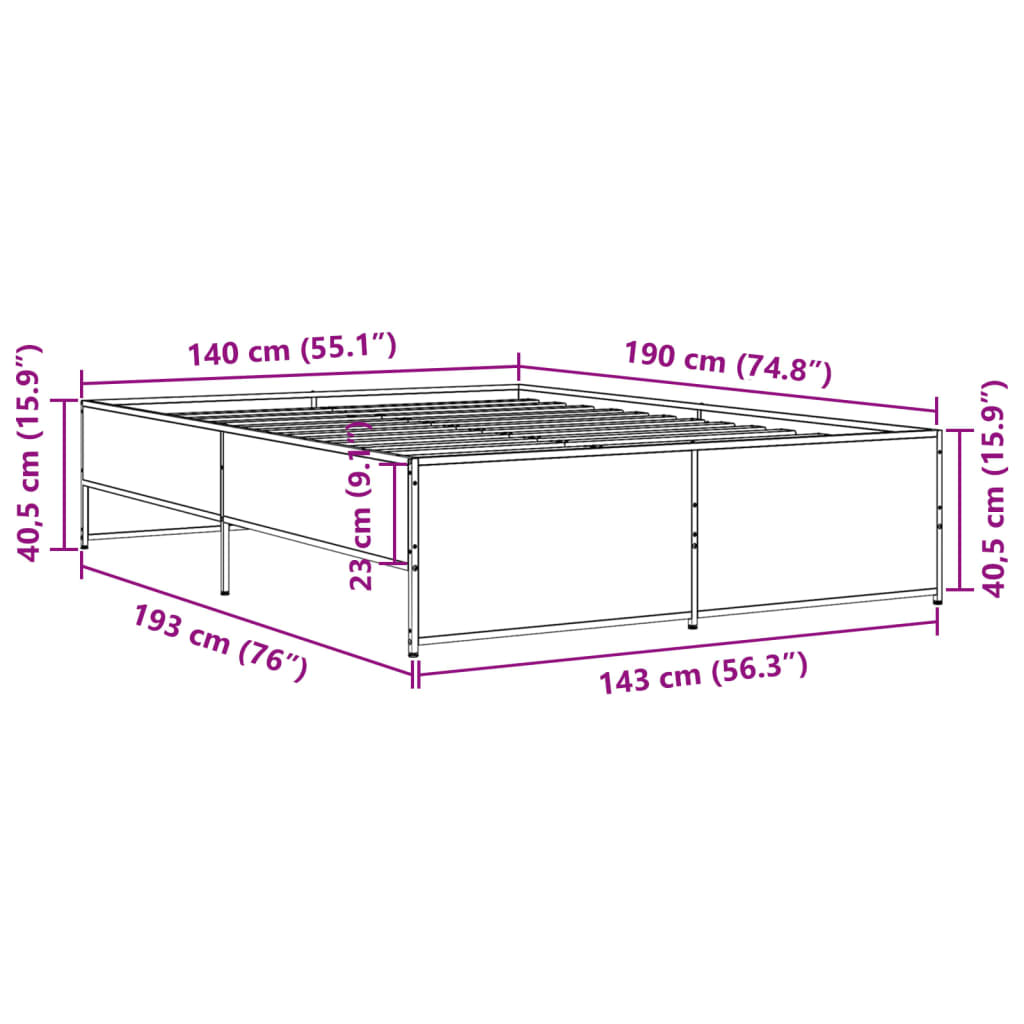 sengestel 140x190cm konstrueret træ og metal røget egetræsfarve