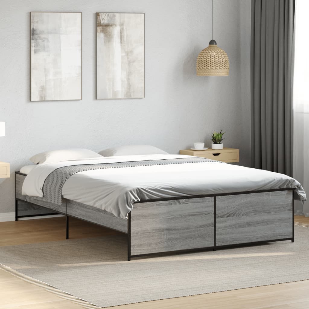 sengestel 135x190 cm konstrueret træ og metal grå sonoma-eg