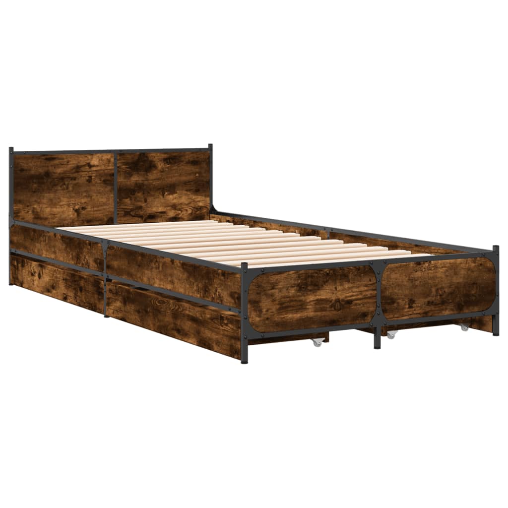 sengeramme med skuffer 75x190 cm konstrueret træ røget eg