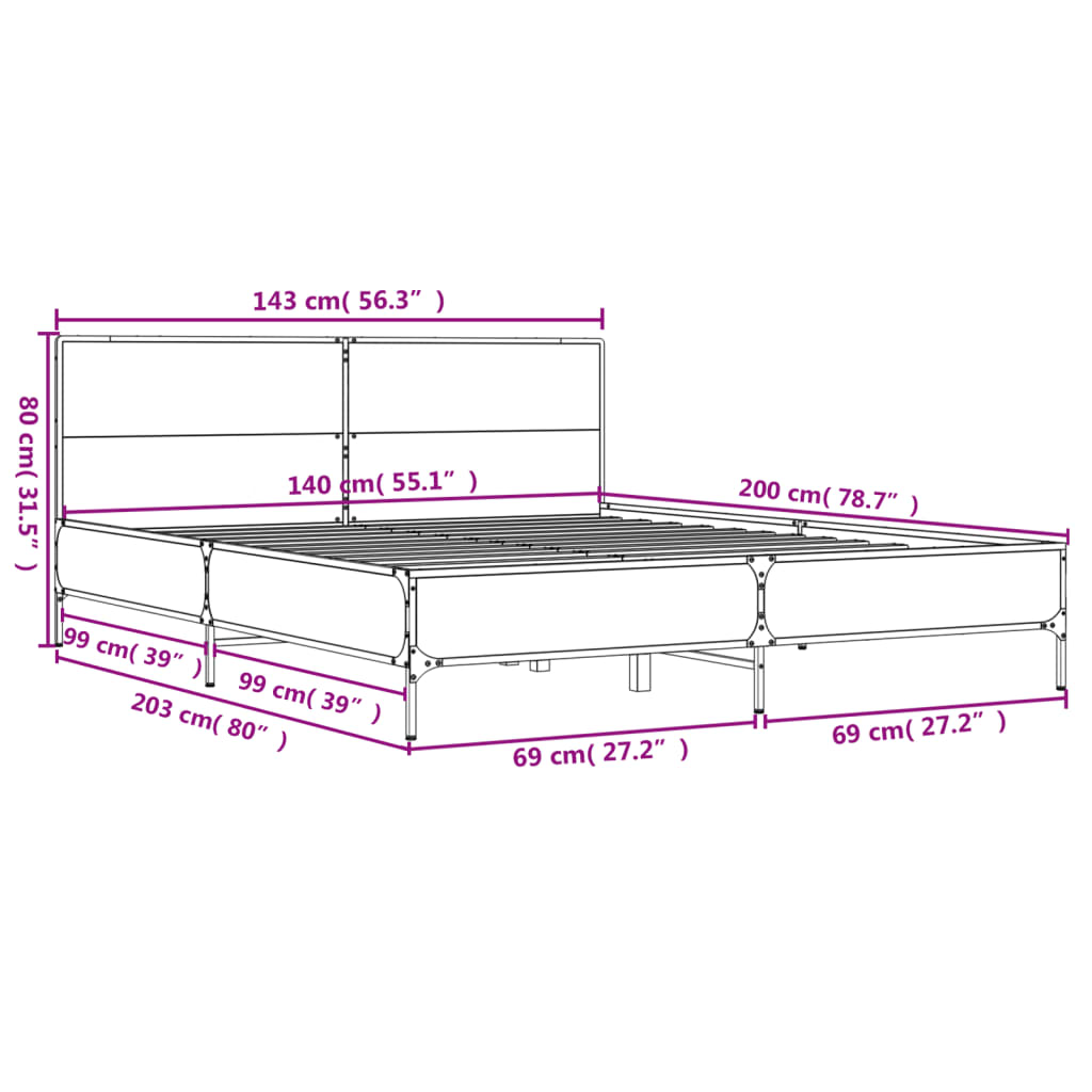 sengestel 140x200 cm konstrueret træ og metal sonoma-eg