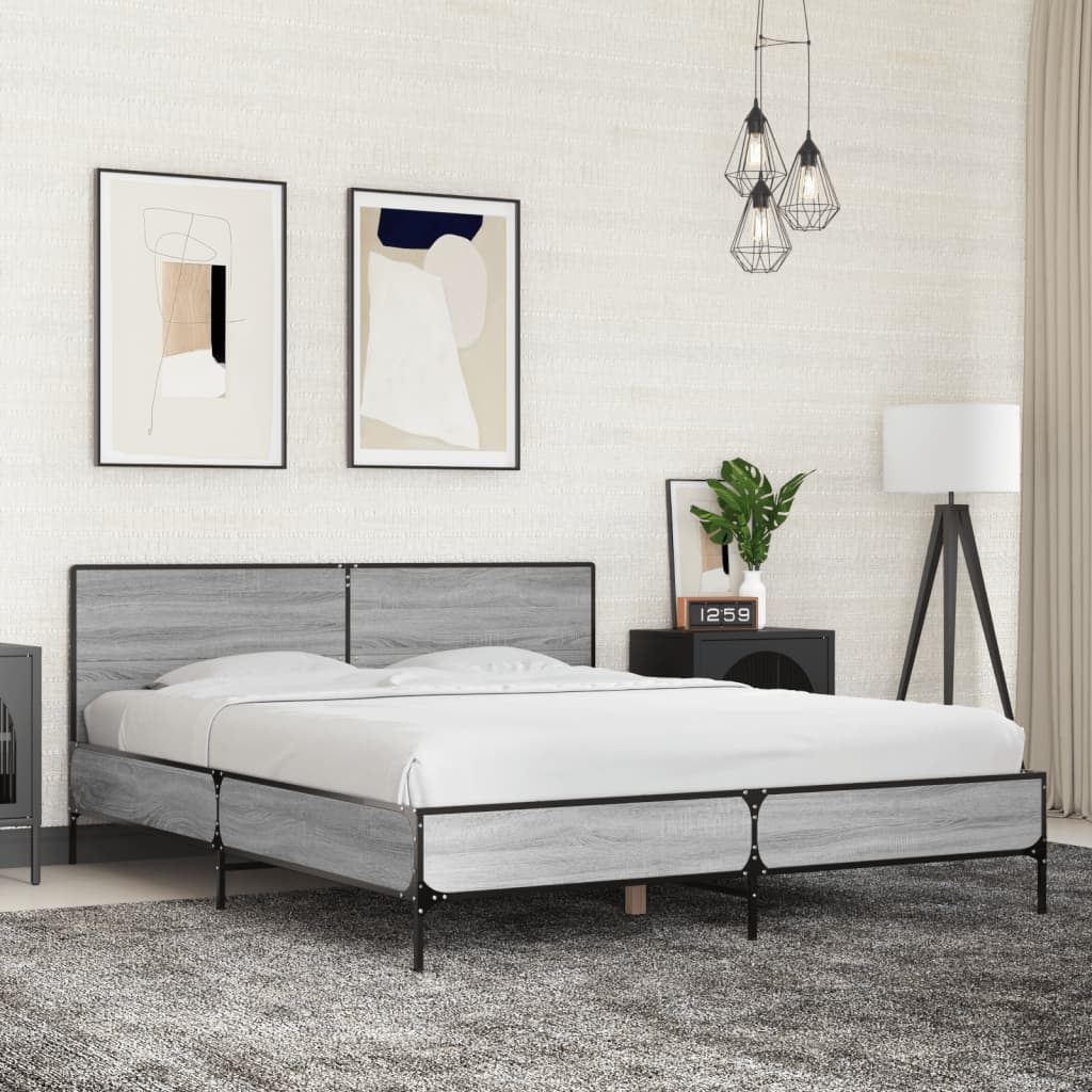 sengestel 150x200 cm konstrueret træ og metal grå sonoma-eg