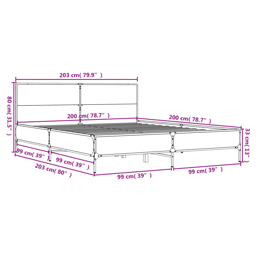 sengestel 200x200 cm konstrueret træ og metal grå sonoma-eg