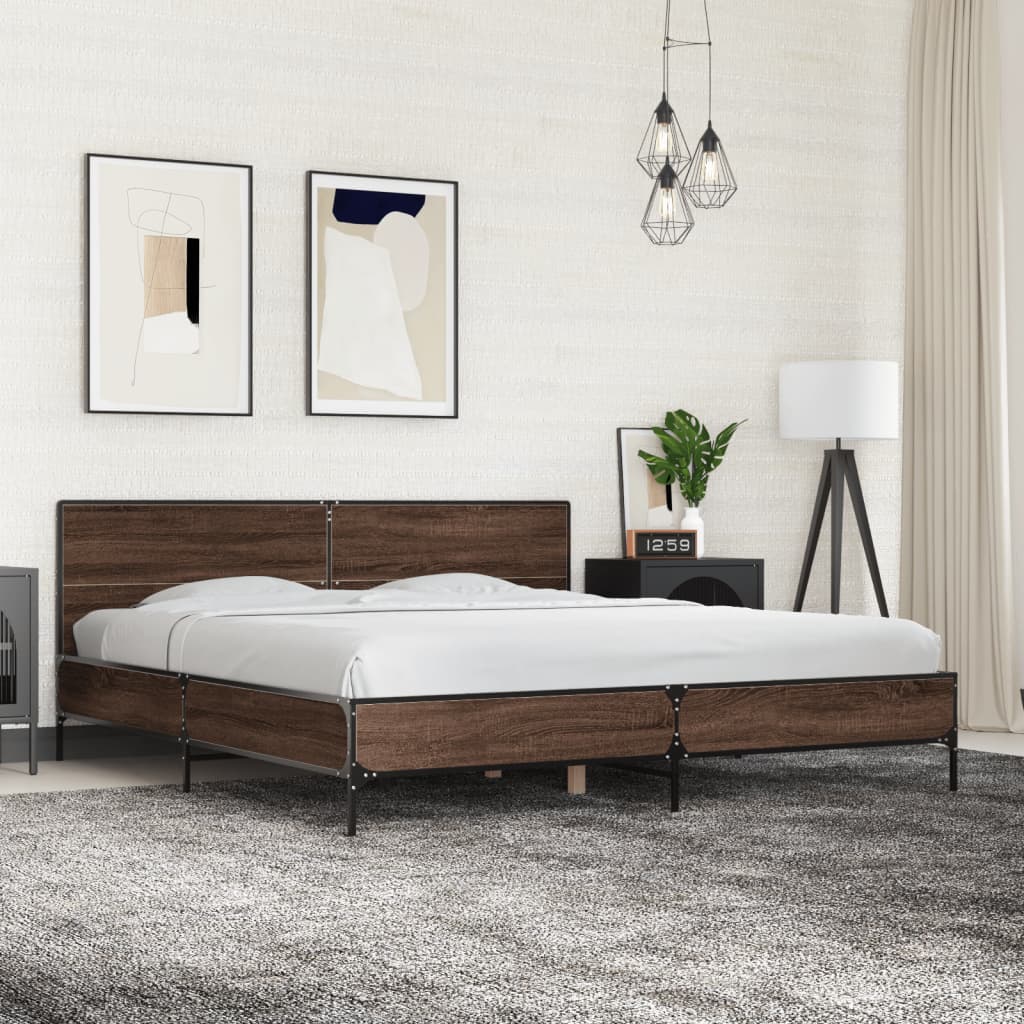 sengeramme 200x200 cm konstrueret træ og metal brun egetræ