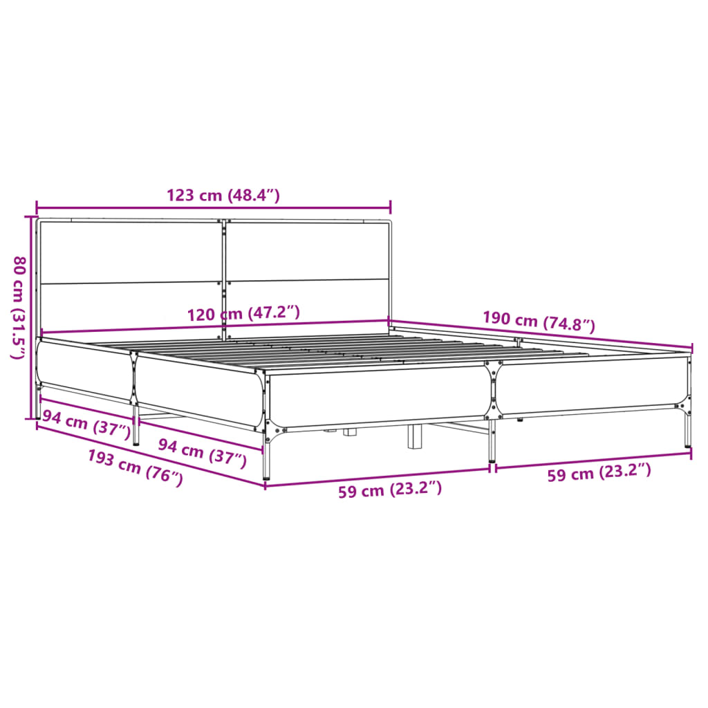 sengestel 120x190 cm konstrueret træ og metal grå sonoma-eg