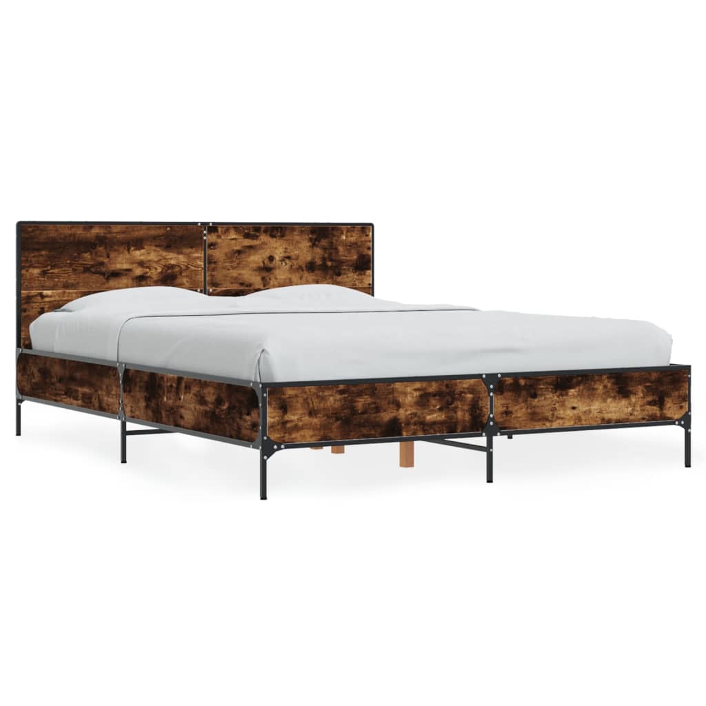 sengestel 135x190cm konstrueret træ og metal røget egetræsfarve