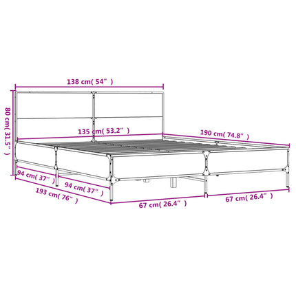 sengestel 135x190 cm konstrueret træ og metal grå sonoma-eg