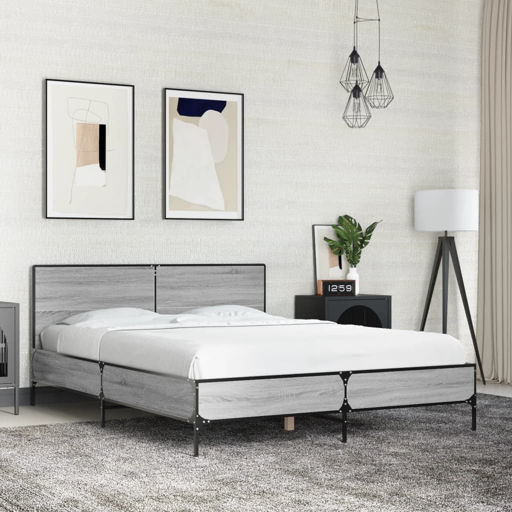 sengestel 135x190 cm konstrueret træ og metal grå sonoma-eg