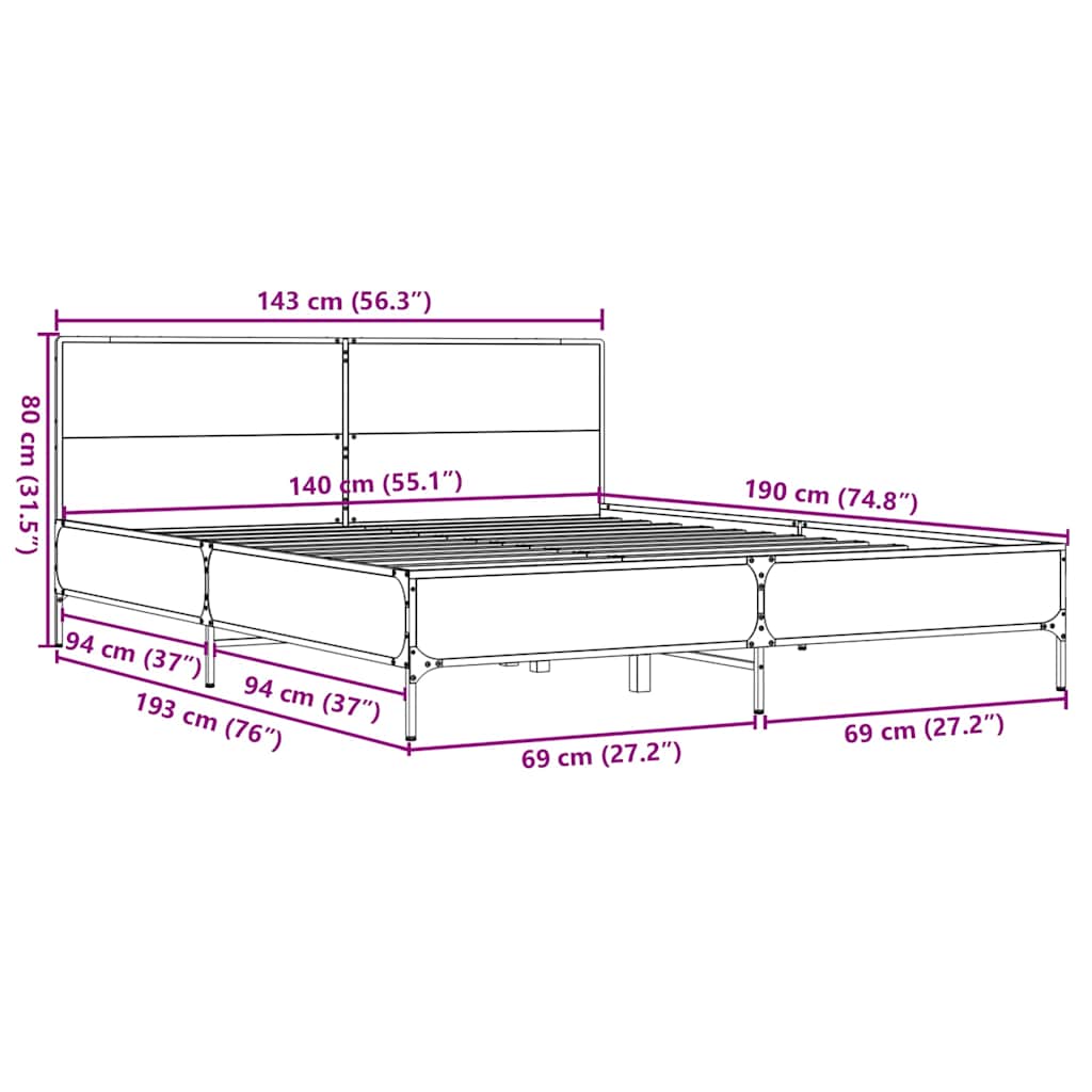 sengestel 140x190 cm konstrueret træ og metal sonoma-eg