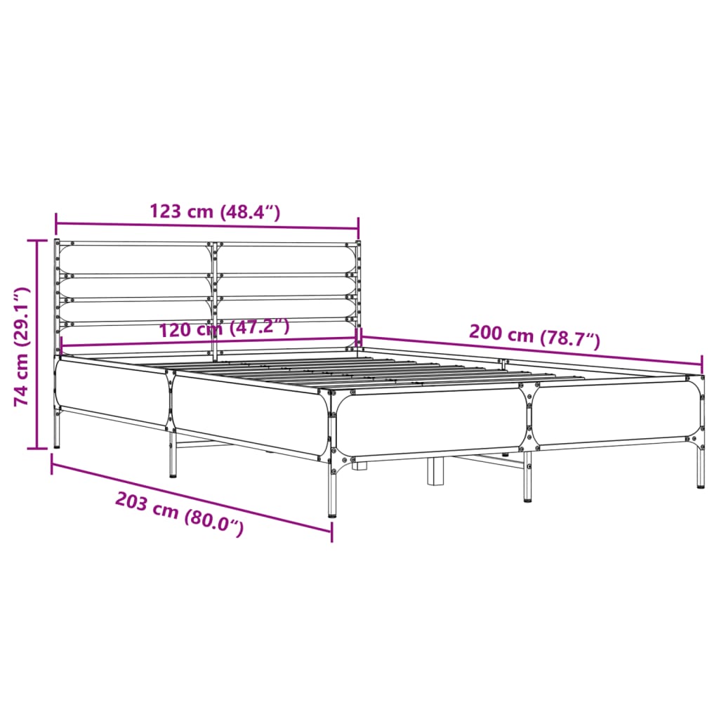 sengestel 120x200 cm konstrueret træ og metal grå sonoma-eg