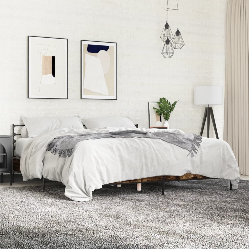 sengestel 200x200cm konstrueret træ og metal røget egetræsfarve
