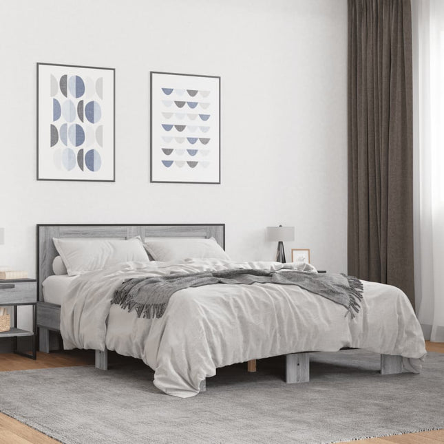 sengestel 135x190 cm konstrueret træ og metal grå sonoma-eg