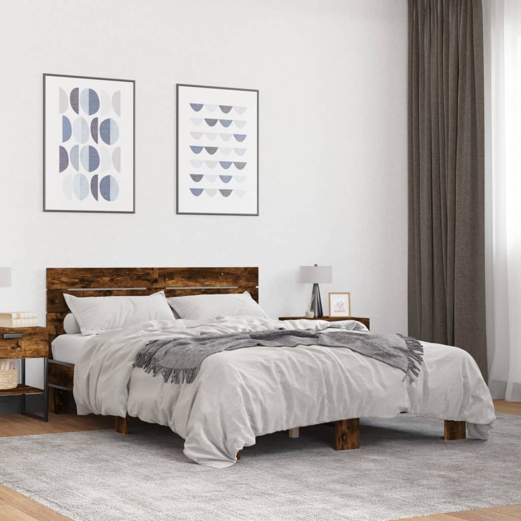 sengestel 140x200cm konstrueret træ og metal røget egetræsfarve