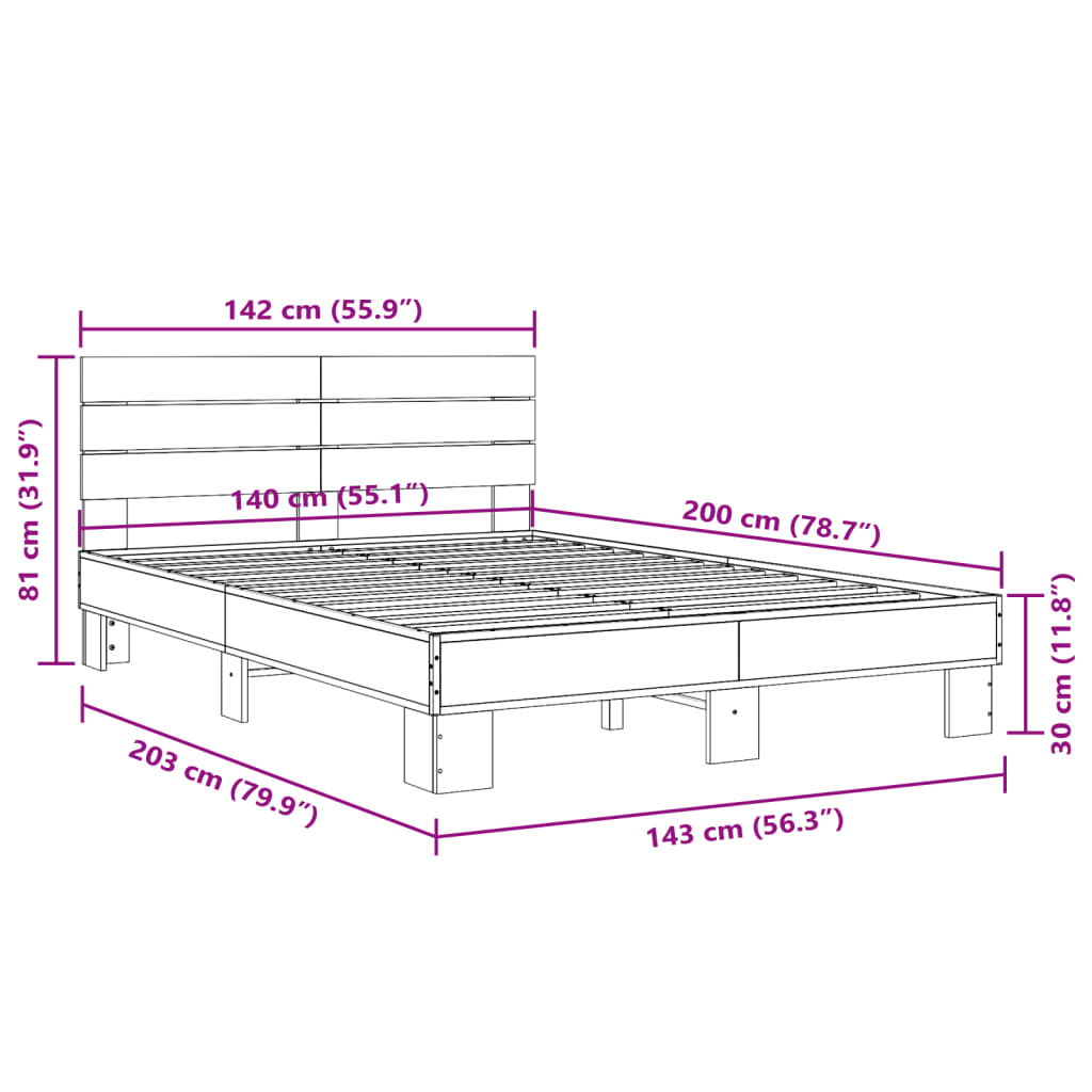 sengestel 140x200 cm konstrueret træ og metal grå sonoma-eg