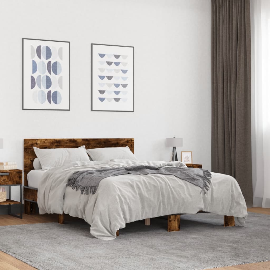 sengestel 120x190cm konstrueret træ og metal røget egetræsfarve