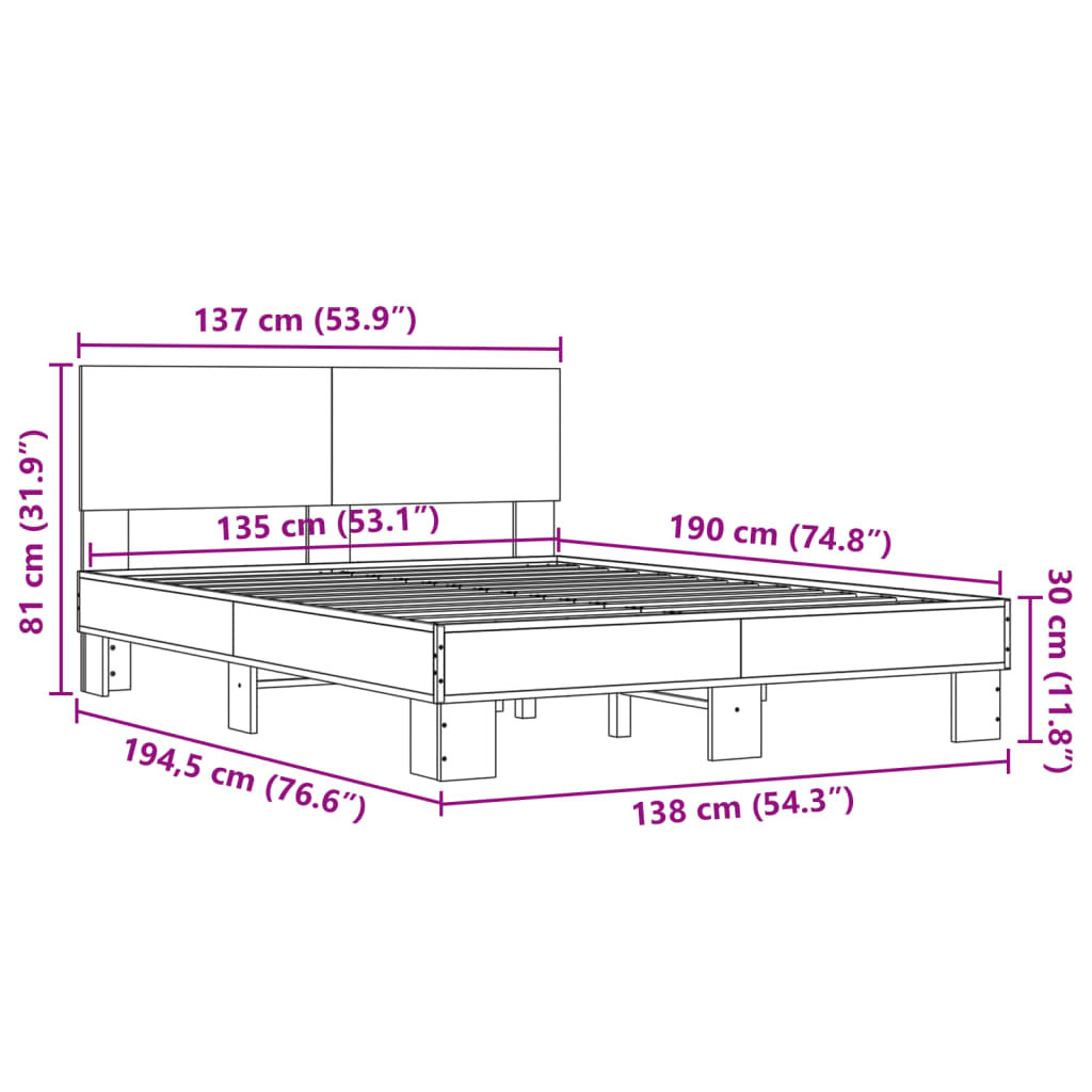 sengestel 135x190 cm konstrueret træ og metal grå sonoma-eg