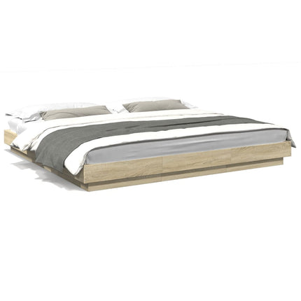 sengeramme med LED-lys 200x200 cm konstrueret træ sonoma-eg