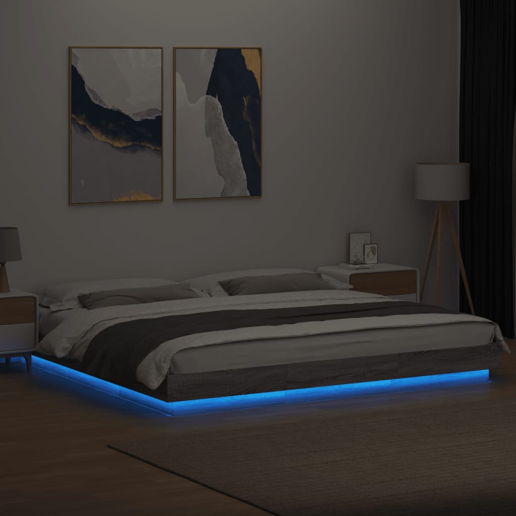 sengeramme med LED-lys 180x200 cm konstrueret træ grå sonoma-eg