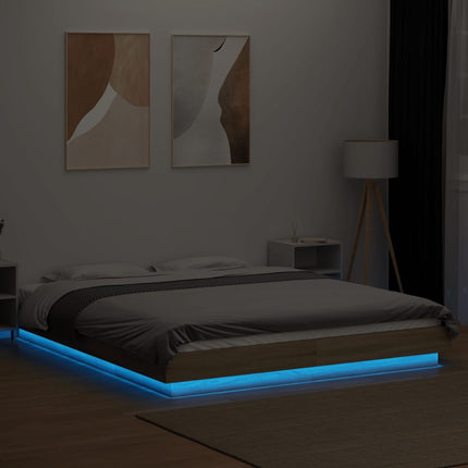sengeramme med LED-lys 150x200 cm konstrueret træ sonoma-eg