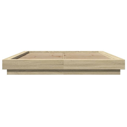 sengeramme med LED-lys 150x200 cm konstrueret træ sonoma-eg