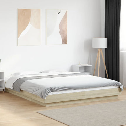 sengeramme med LED-lys 150x200 cm konstrueret træ sonoma-eg