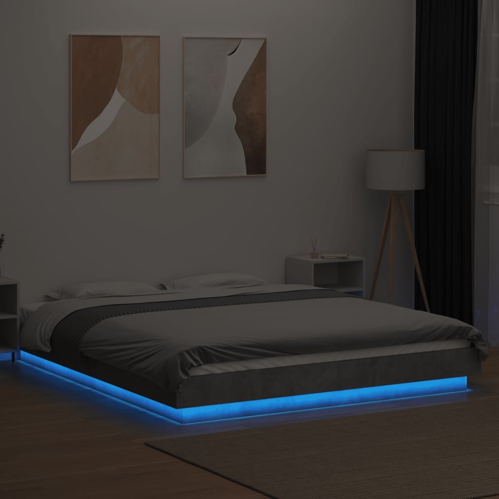sengeramme med LED-lys 150x200 cm konstrueret træ betongrå