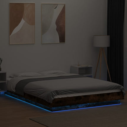 sengeramme med LED-lys 120x200 cm konstrueret træ røget eg