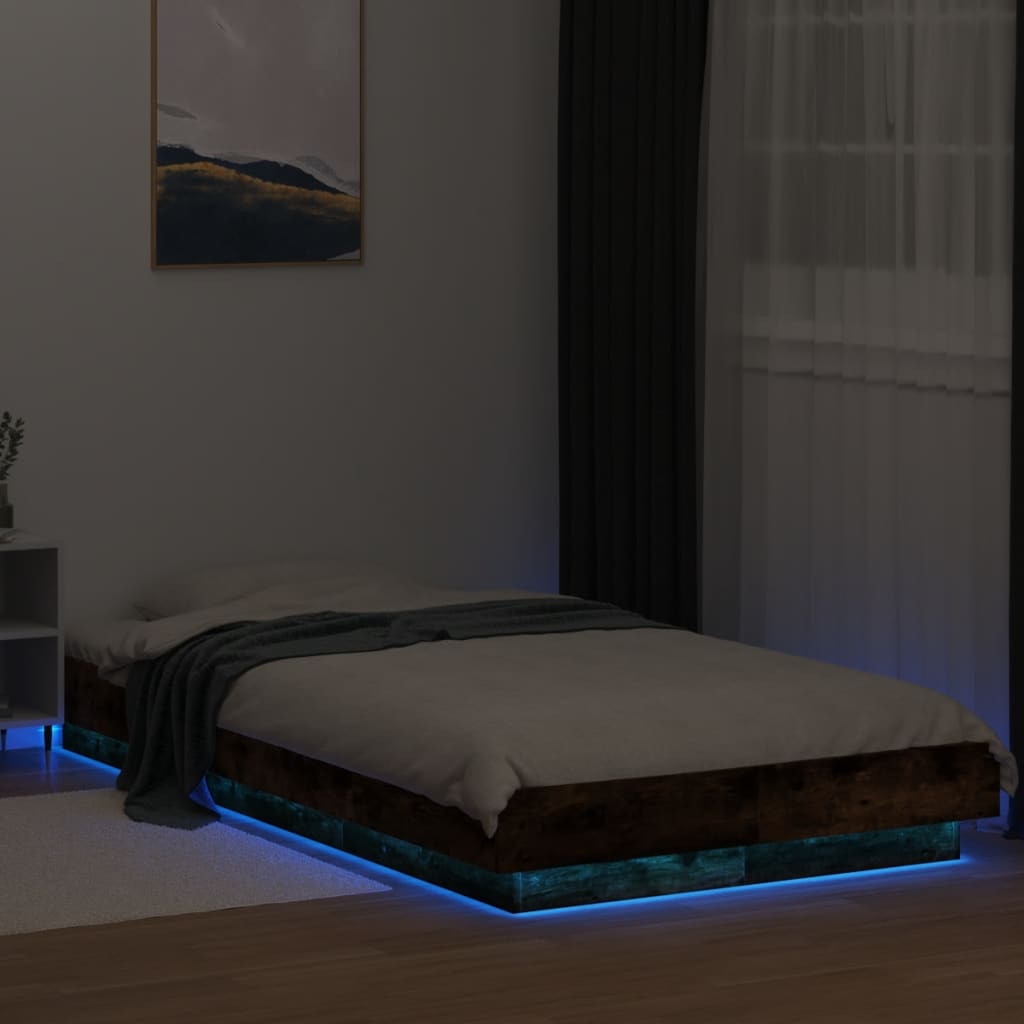 sengeramme med LED-lys 100x200 cm røget egetræsfarve