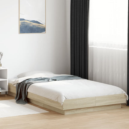 sengeramme med LED-lys 90x200 cm konstrueret træ sonoma-eg