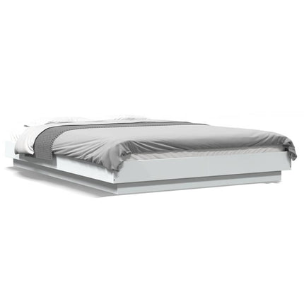 sengeramme med LED-lys 135x190 cm konstrueret træ hvid højglans