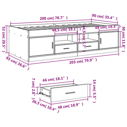 daybed med skuffer uden madras 90x200 cm grå sonoma-eg