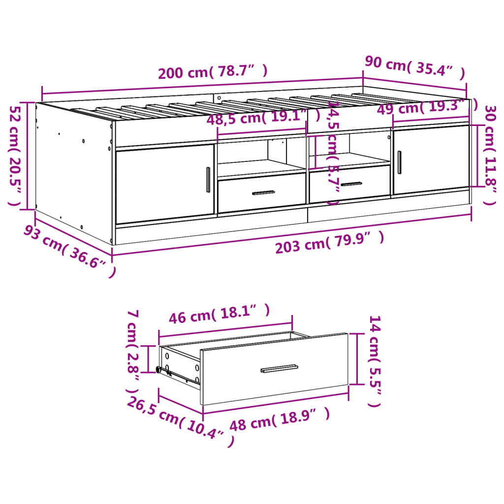 daybed med skuffer uden madras 90x200 cm grå sonoma-eg