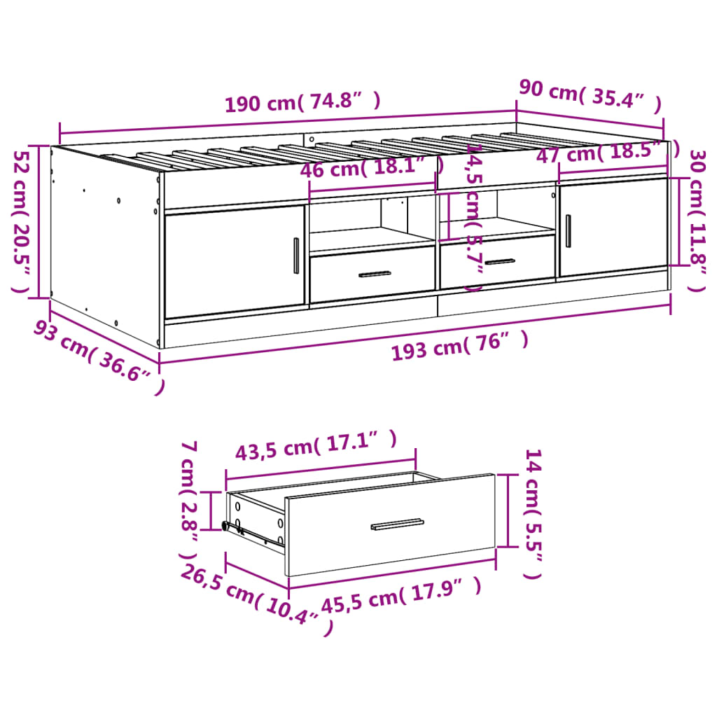 daybed med skuffer uden madras 90x190 cm betongrå