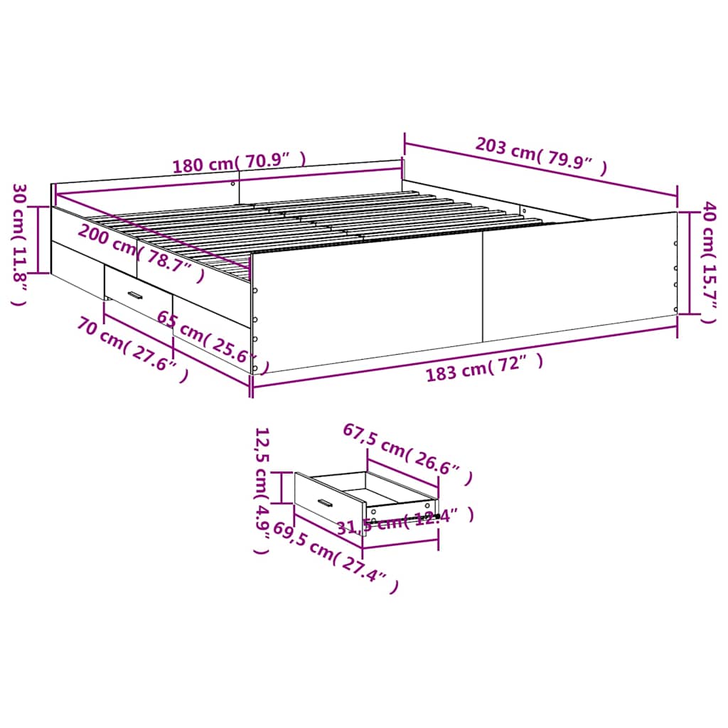 sengeramme med skuffer 180x200 cm konstrueret træ grå sonoma-eg