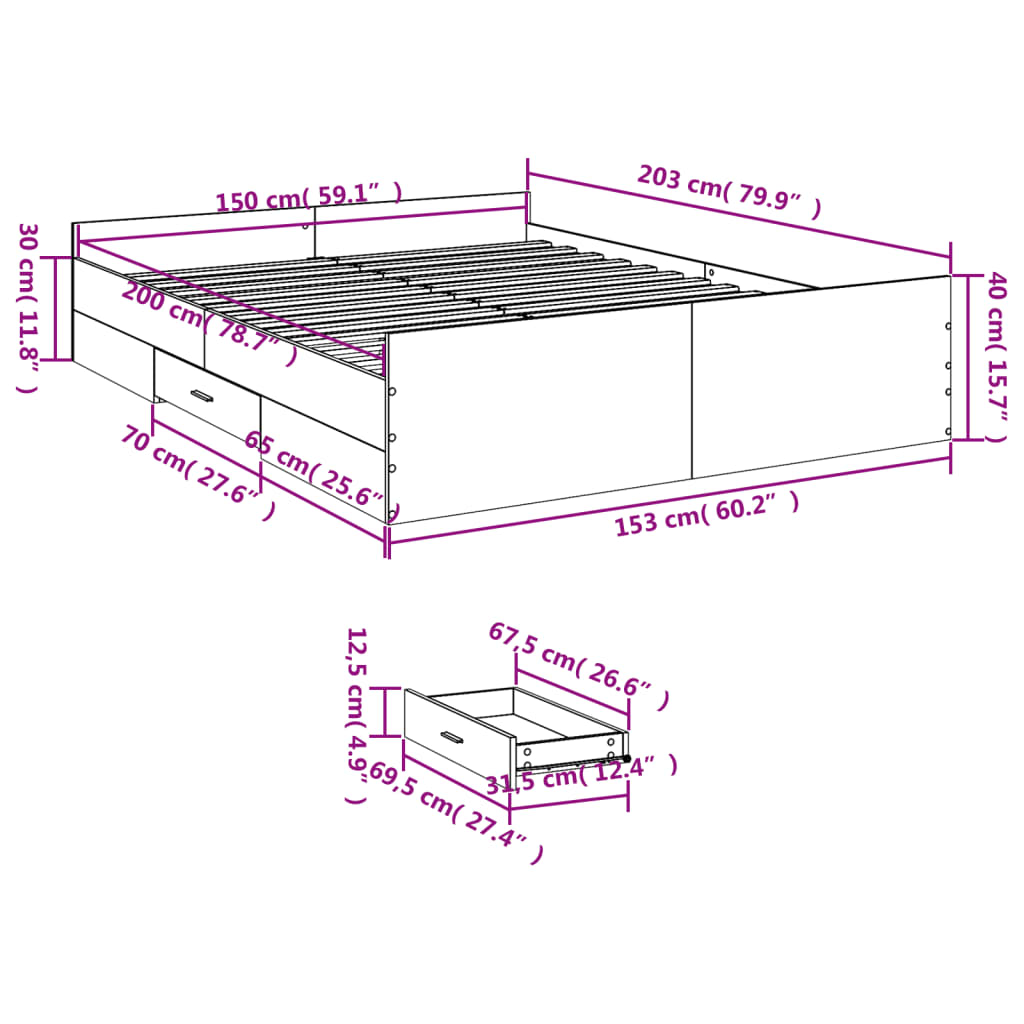sengeramme med skuffer 150x200 cm konstrueret træ sonoma-eg