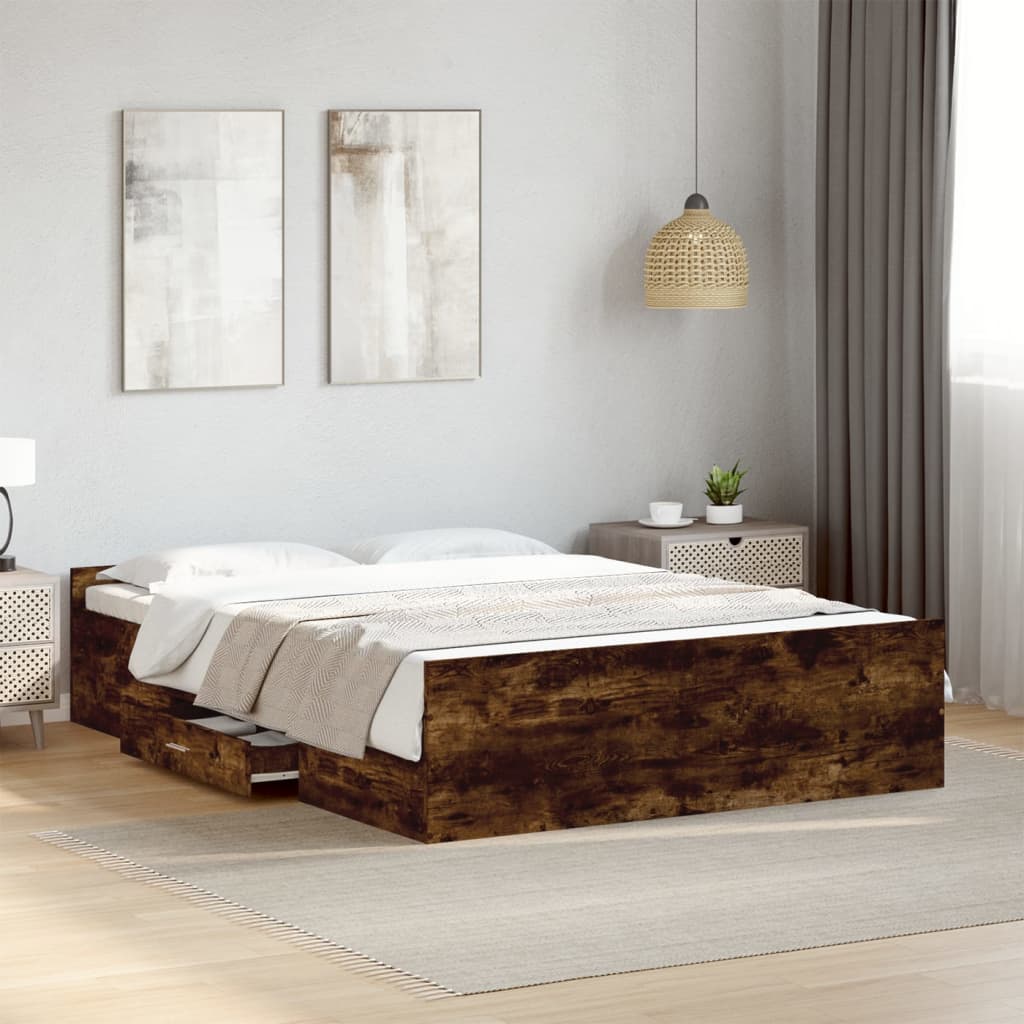 sengeramme med skuffer 140x190 cm konstrueret træ røget eg