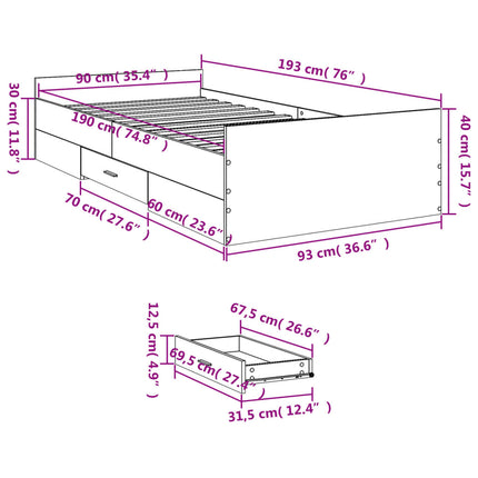 sengeramme med skuffer 90x190 cm konstrueret træ sonoma-eg
