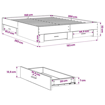 sengeramme med skuffer 150x200 cm konstrueret træ grå sonoma-eg