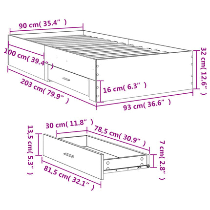 sengeramme med skuffer 90x200 cm konstrueret træ grå sonoma-eg
