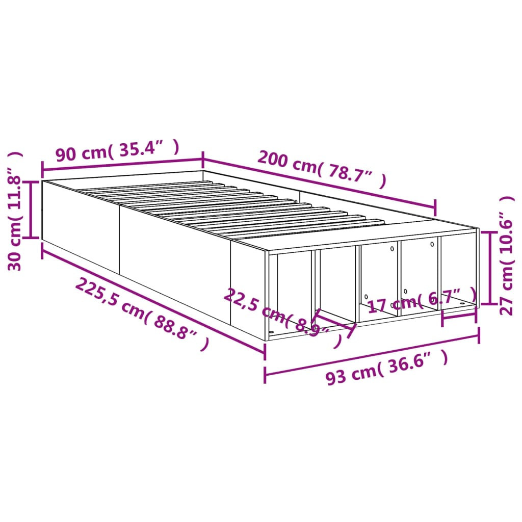 sengeramme 90x200 cm konstrueret træ røget egetræsfarve