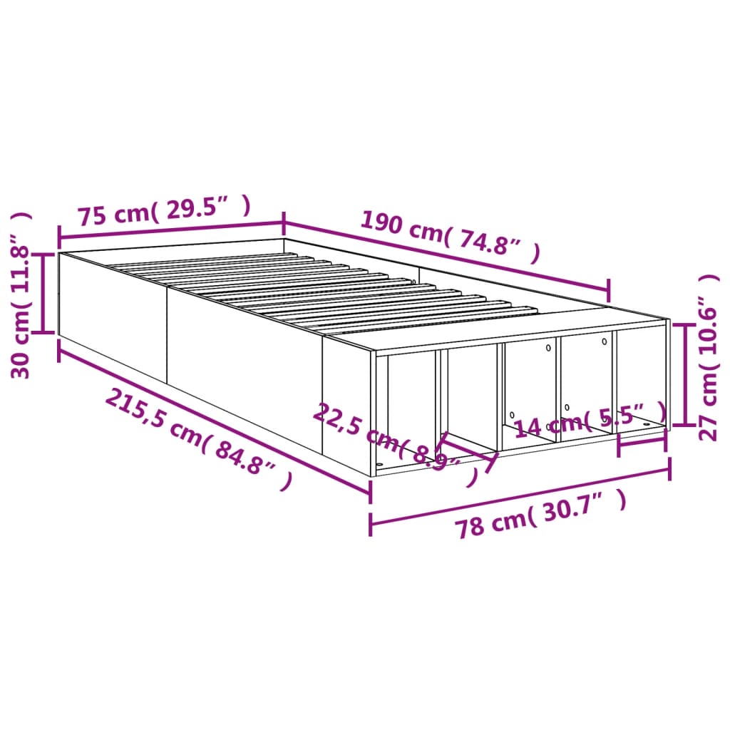sengeramme 75x190 cm konstrueret træ sort